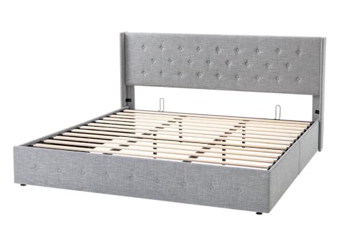 Full Size Lift Up Storage Bed with Wingback Headboard, Hydraulic Support, Light Beige P736605