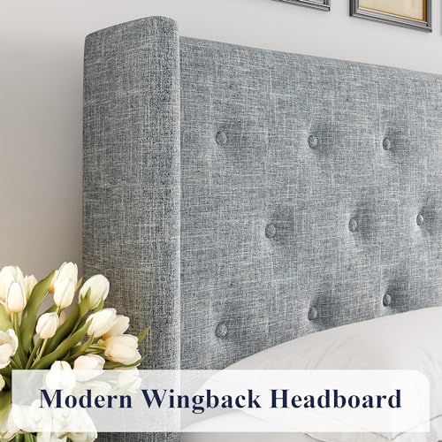 Full Size Lift Up Storage Bed with Wingback Headboard, Hydraulic Support, Light Beige P736605