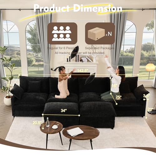 U Shaped Modular Sectional Sofa with Ottoman, Chenille, Black Z16537