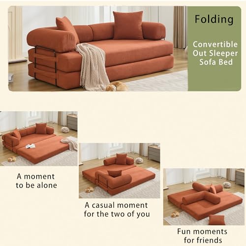 Corduroy Convertible Sleeper Sofa Bed with Pillow, Beige O72530