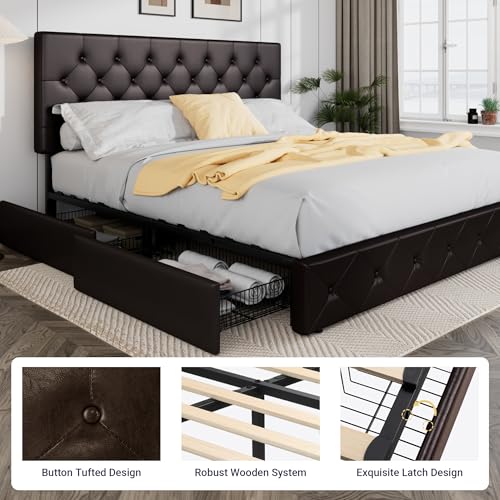 Upholstered Queen Platform Bed Frame with 4 Storage Drawers and Headboard G724955