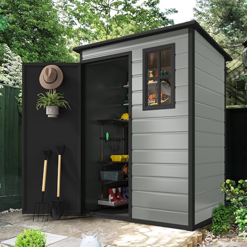 Outdoor Storage Shed with Floor, Lockable Door & Window, Waterproof Resin, Blue-Gray E649
