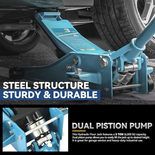 4 Ton Low Profile Floor Jack, Heavy Duty Steel Hydraulic with Dual Pistons Quick Lift Pump P3195