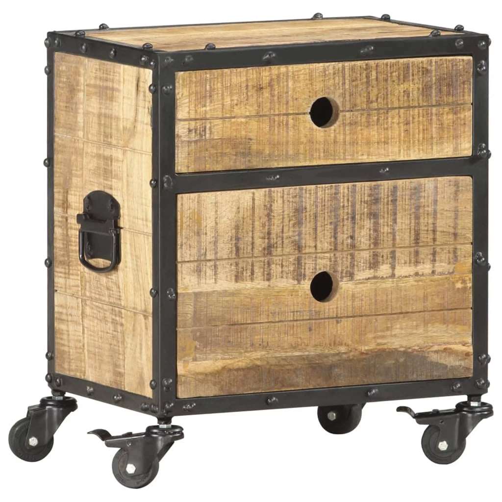 Bedside Cabinet with 2 Storage Drawers and Wheels, Mango Wood Nightstand A3625