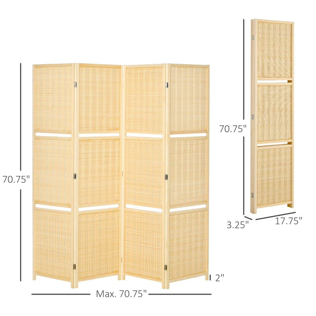 4-Panel Folding Room Divider, 6 Ft Freestanding Bamboo Privacy Screen with Storage Shelves I21393