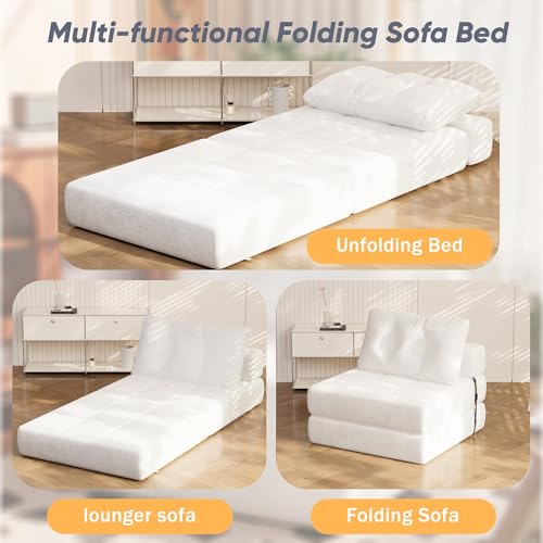 Folding Sofa Bed with Headrest and Lumbar Pillow, Chenille Fabric Chair Bed Y9814