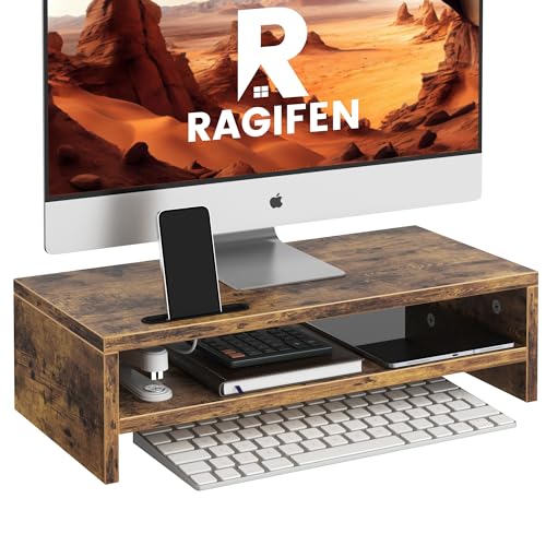 Wood Monitor Stand for Desk, 2 Tier Anti-slip Monitor Riser for Desktop with Phone Slot, Sturdy Computer Stand with Storage Shelves, Sturdy Laptop Riser Monitor Shelf, Easy to Assemble, Rustic Brown