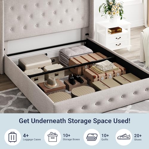 Full Size Lift Up Storage Bed with Wingback Headboard, Hydraulic Support, Light Beige P736605