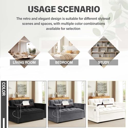 Convertible Sofa Bed, 3 in 1 Velvet Sleeper with Adjustable Backrest, Gray K13376