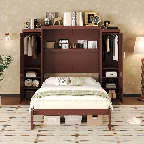 Murphy Bed with Two Wardrobes and Storage Shelf for Small Bedrooms A623