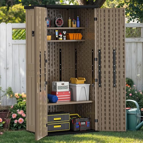 Outdoor Storage Cabinet with 2 Shelves, Waterproof Resin Tool Shed, Lockable, Dark Gray M33386