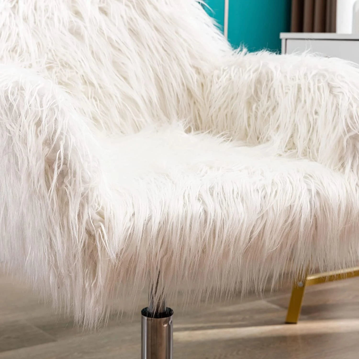 White Vanity Chair Faux Fur Swivel with Back J201