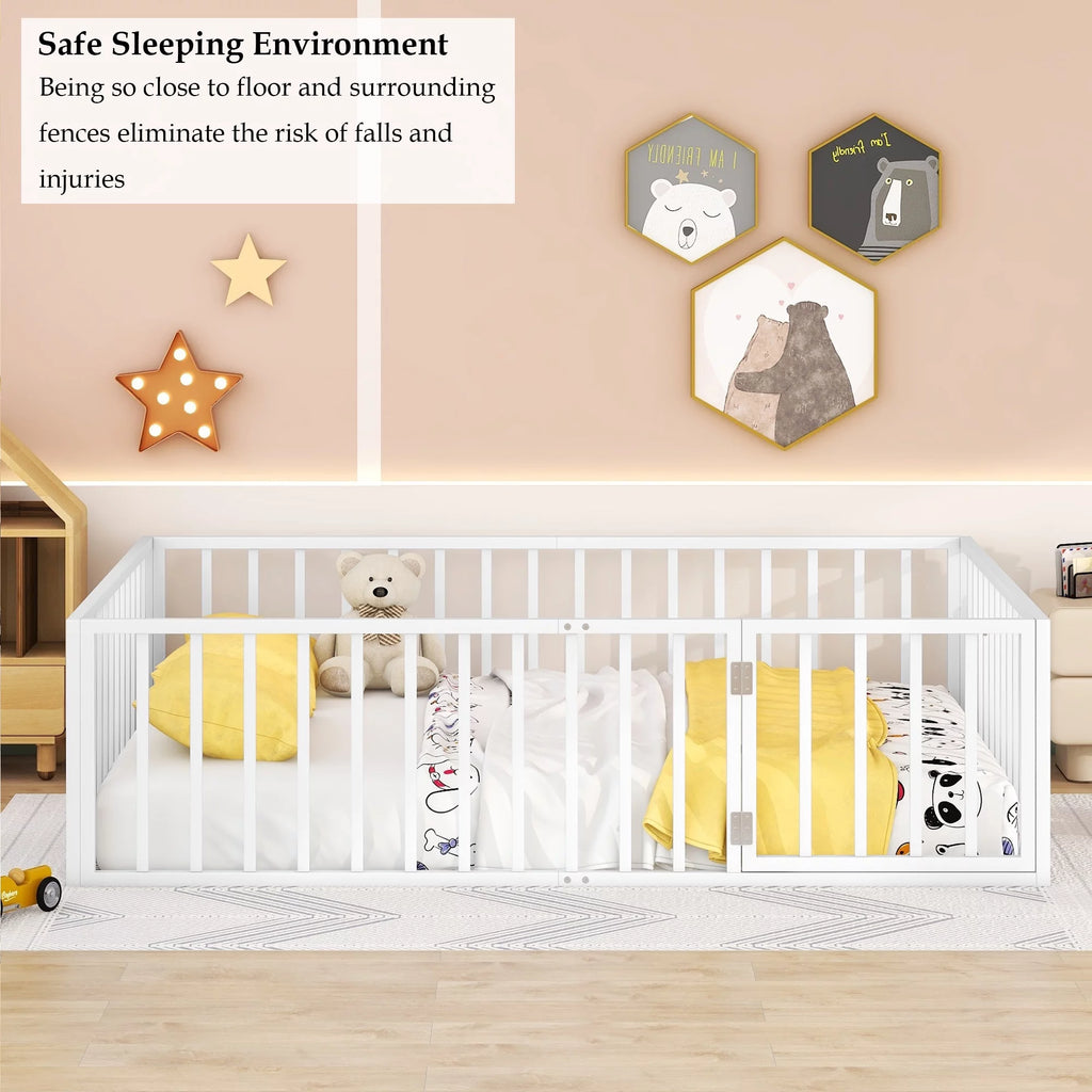 Queen Floor Bed with Fence Rails and Lockable Door for Kids, White T678