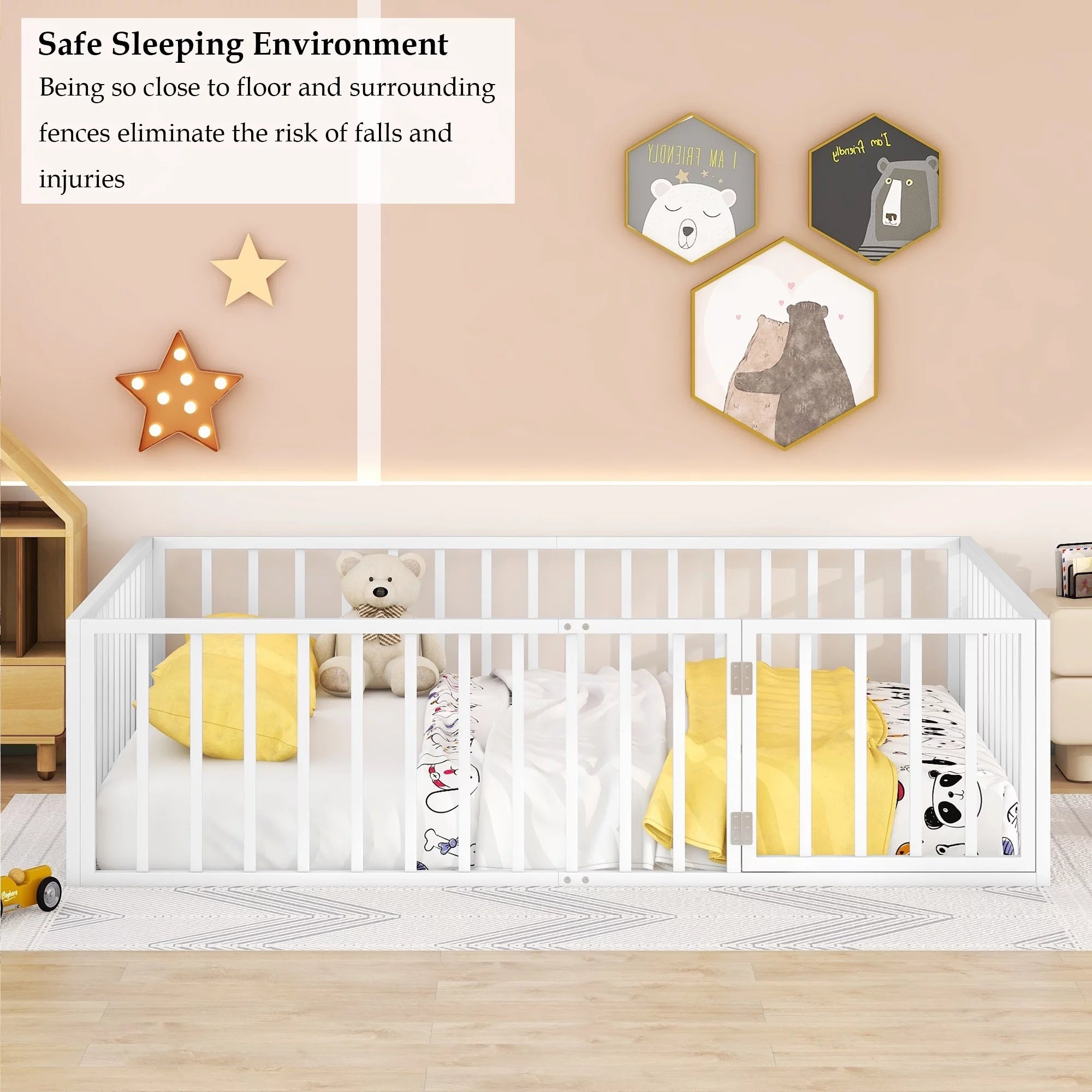 Queen Floor Bed with Fence Rails and Lockable Door for Kids, White T678