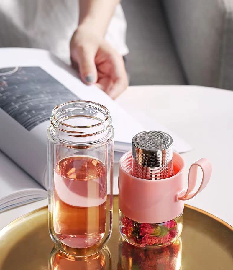 Double Wall Glass Tea Bottle with Infuser, Leak-Proof Travel Tumbler 14oz T8756