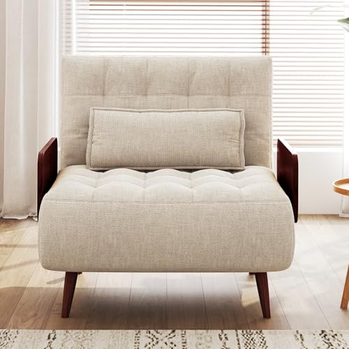 Convertible Chair Bed Sleeper for Adults, Linen with Wooden Arms & Pillows, Foldable Single Futon Sofa Bed Q683821