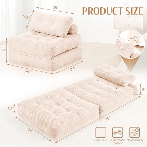 Folding Sofa Bed with Dual Pillow and Handle, Convertible Sleeper Chair, Black M821
