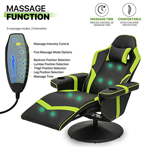 Massage Gaming Recliner Chair, 360° Swivel PU Leather, Adjustable Backrest, Footrest, Cup Holders, Bluetooth Speakers, Green X4845