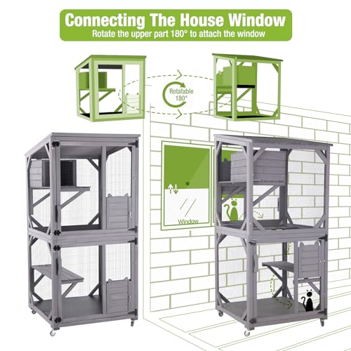 Cat House Outdoor Cage with Wheels, Large Wooden Catio with Resting Box X3162