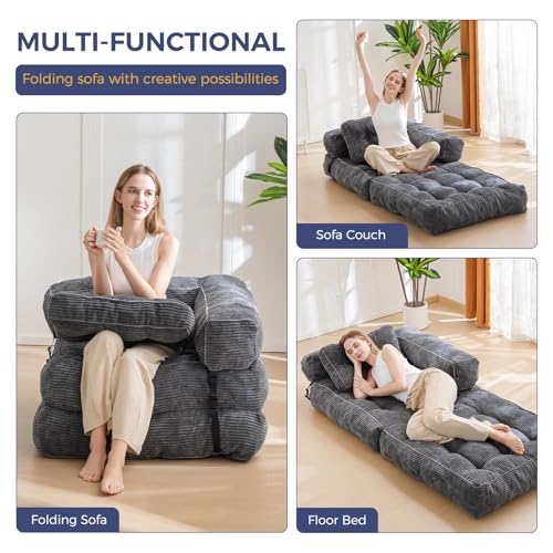 Folding Sofa Bed, L-Shaped Convertible Sleeper Couch with Armrest and Pillow, Dark Grey M375676