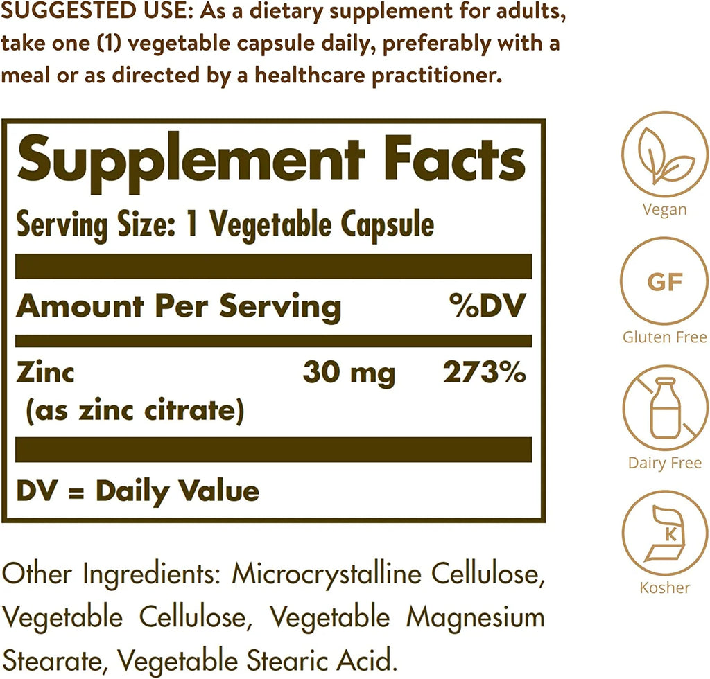 Zinc Citrate 30 mg, 100 Vegetable Capsules R58642
