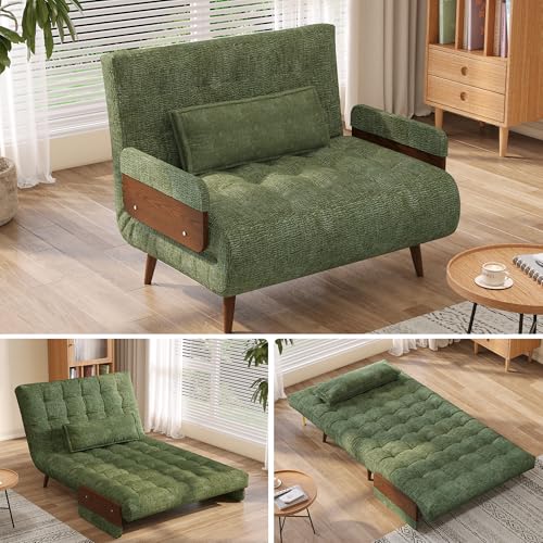 Convertible Chair Bed Sleeper for Adults, Linen with Wooden Arms & Pillows, Foldable Single Futon Sofa Bed Q683821