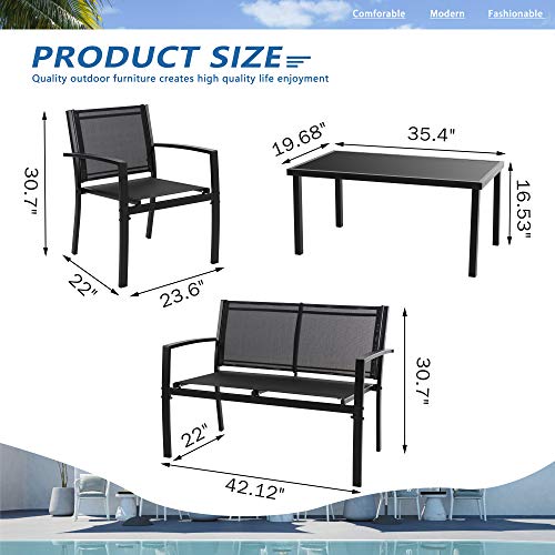Patio Furniture Set with Glass Coffee Table, 4 Pieces, Black Q940