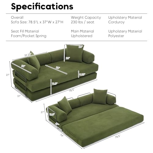Corduroy Convertible Sleeper Sofa Bed with Pillow, Beige O72530
