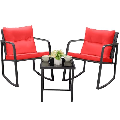 3 Piece Rocking Wicker Bistro Set with Glass Coffee Table J90293