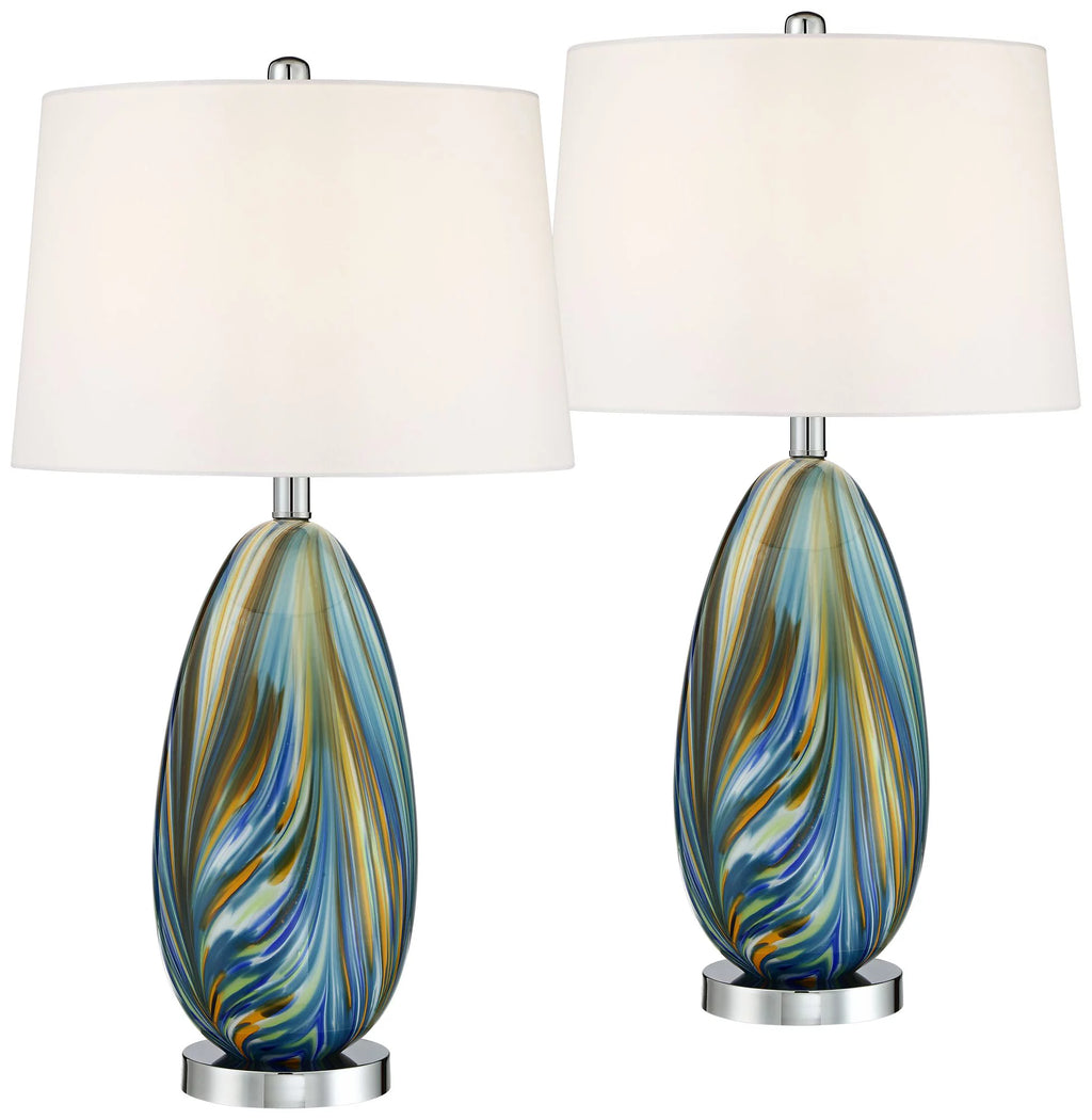 Modern Coastal Table Lamps Set of 2 Blue Art Glass A905
