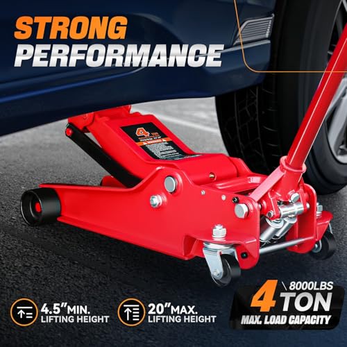4 Ton Low Profile Floor Jack, Heavy Duty Steel Hydraulic with Dual Pistons Quick Lift Pump P3195