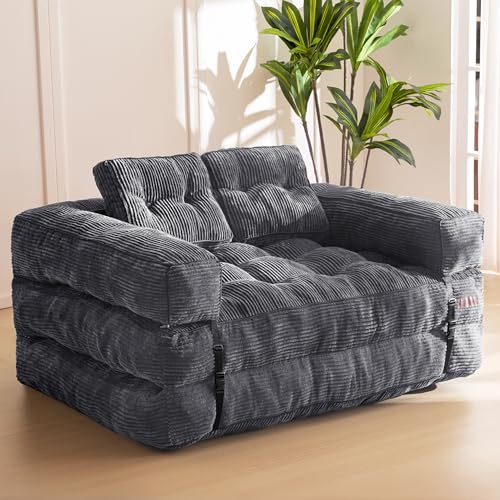 Folding Sofa Bed, L-Shaped Convertible Sleeper Couch with Armrest and Pillow, Dark Grey M375676