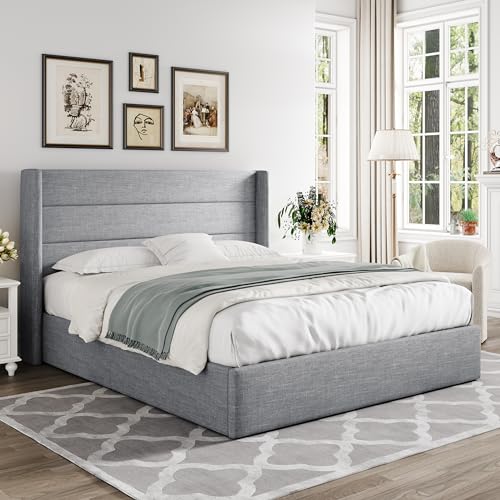Full Size Lift Up Storage Bed with Wingback Headboard, Hydraulic Support, Light Beige P736605