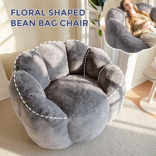 Floral Shaped Bean Bag Sofa for Adults, Faux Fur Floor Chair, Beige U8616