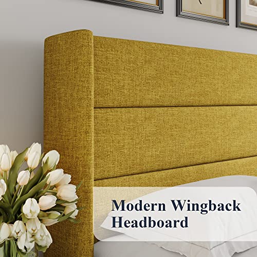 Full Size Lift Up Storage Bed with Wingback Headboard, Hydraulic Support, Light Beige P736605