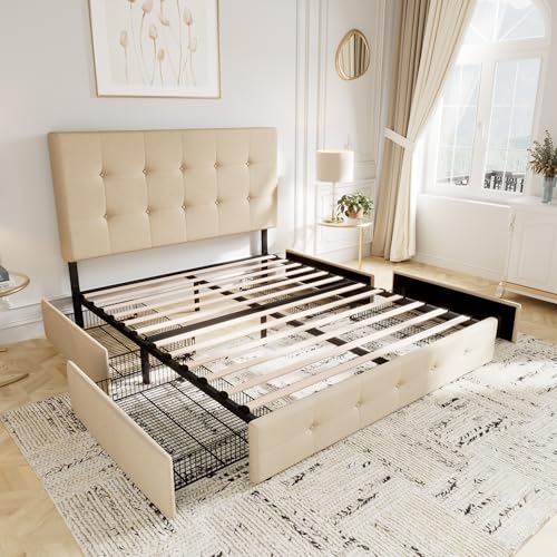 Upholstered Queen Platform Bed Frame with 4 Storage Drawers and Headboard G724955