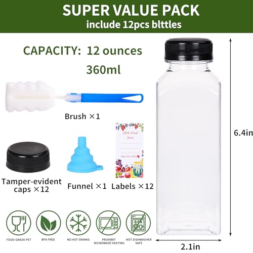 12oz Empty Plastic Juice Bottles with Black Lids J1274