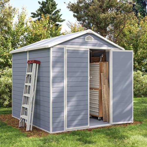 Outdoor Storage Shed with Window, Resin Garden Tool Shed with Lockable Doors W5772