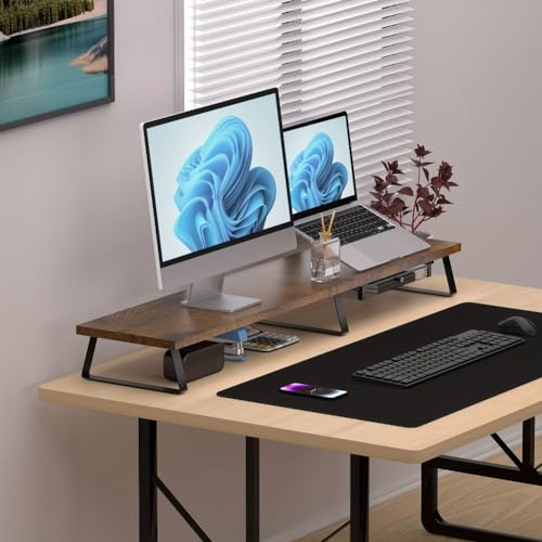 Dual Monitor Stand with Adjustable Length and Angle, Wood Desktop Organizer L351