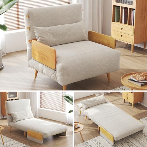 Convertible Chair Bed Sleeper for Adults, Linen with Wooden Arms & Pillows, Foldable Single Futon Sofa Bed Q683821
