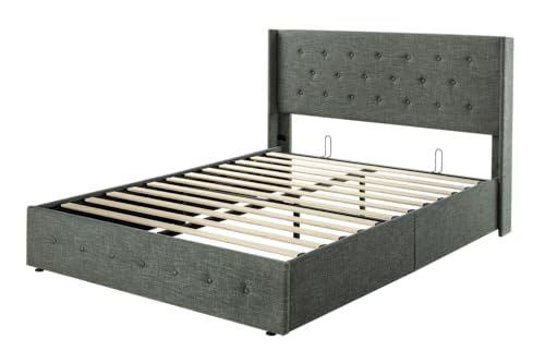 Full Size Lift Up Storage Bed with Wingback Headboard, Hydraulic Support, Light Beige P736605