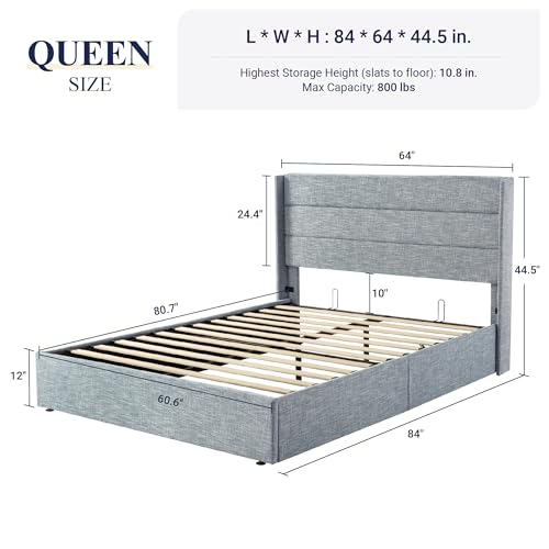 Full Size Lift Up Storage Bed with Wingback Headboard, Hydraulic Support, Light Beige P736605