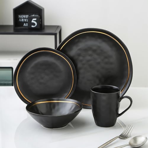 Porcelain Dinnerware Set, Black, Service for 4, 16-Piece E452753