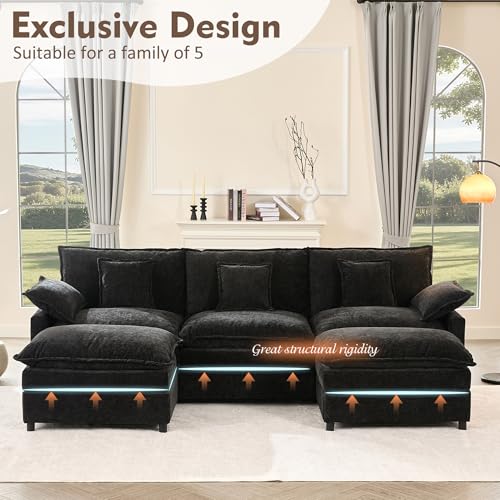 U Shaped Modular Sectional Sofa with Ottoman, Chenille, Black Z16537