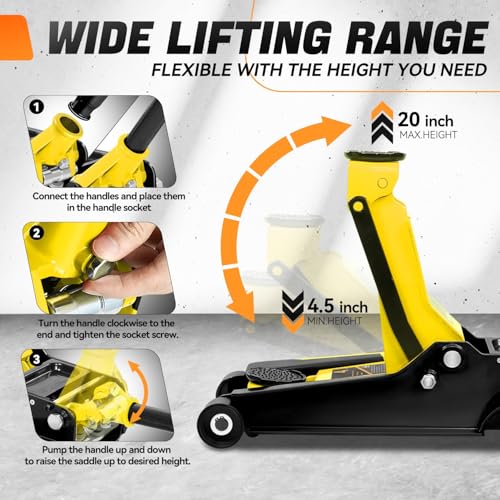 4 Ton Low Profile Floor Jack, Heavy Duty Steel Hydraulic with Dual Pistons Quick Lift Pump P3195