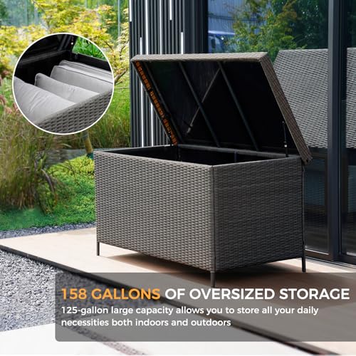 Outdoor Storage Box with Lid for Patio Furniture, Garden Tools, 158 Gallon, Grey H8440
