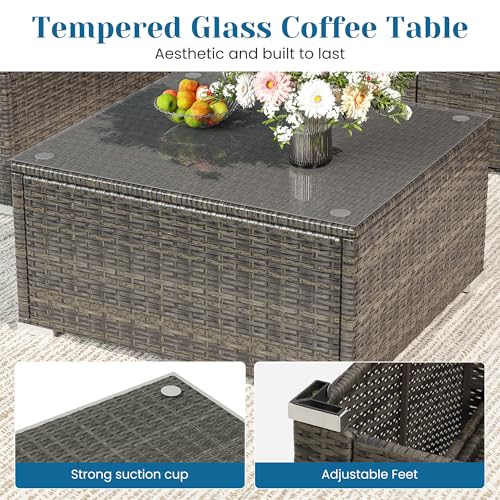 Outdoor Patio Furniture Set with Glass Tea Table, PE Rattan Wicker, Washable Cushions, Grey K8525