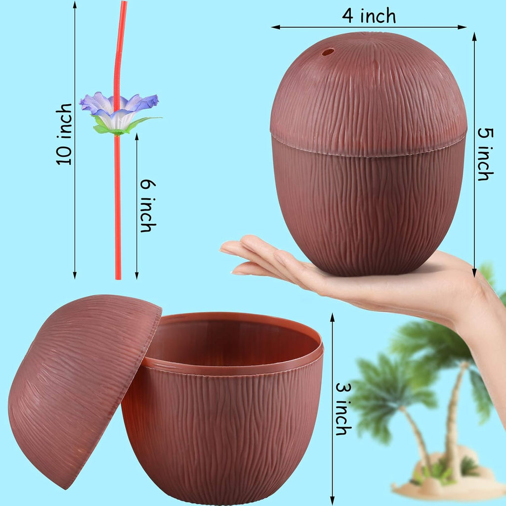 Coconut Cups with Hibiscus Straws for Luau Party Drink Decoration K21784