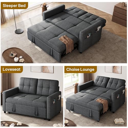 Convertible Sofa Bed, 3-in-1 Sleeper with Pull-Out Bed, Linen Futon Couch H198