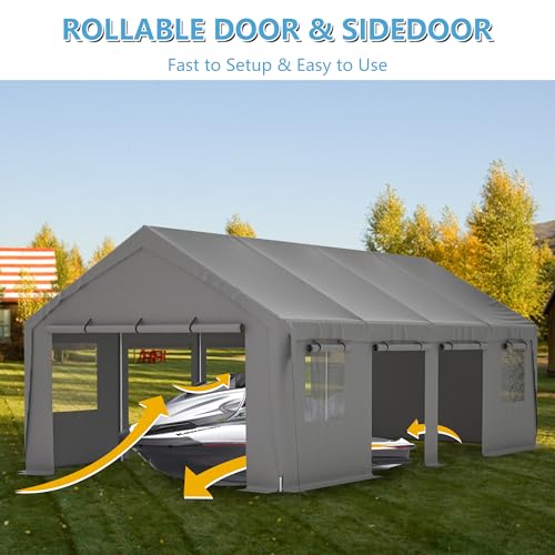 Carport 20x12ft Portable Garage Canopy with Roll-up Windows and Removable Sidewalls D71400